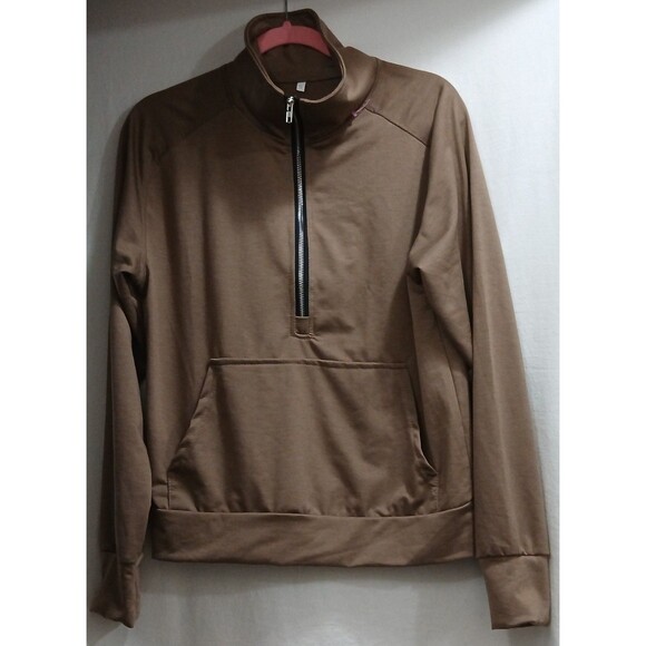 Women’s Small Mocha Brown 1/2 Zip Activewear Pullover Top Kangaroo Pocket LNC - Picture 1 of 7